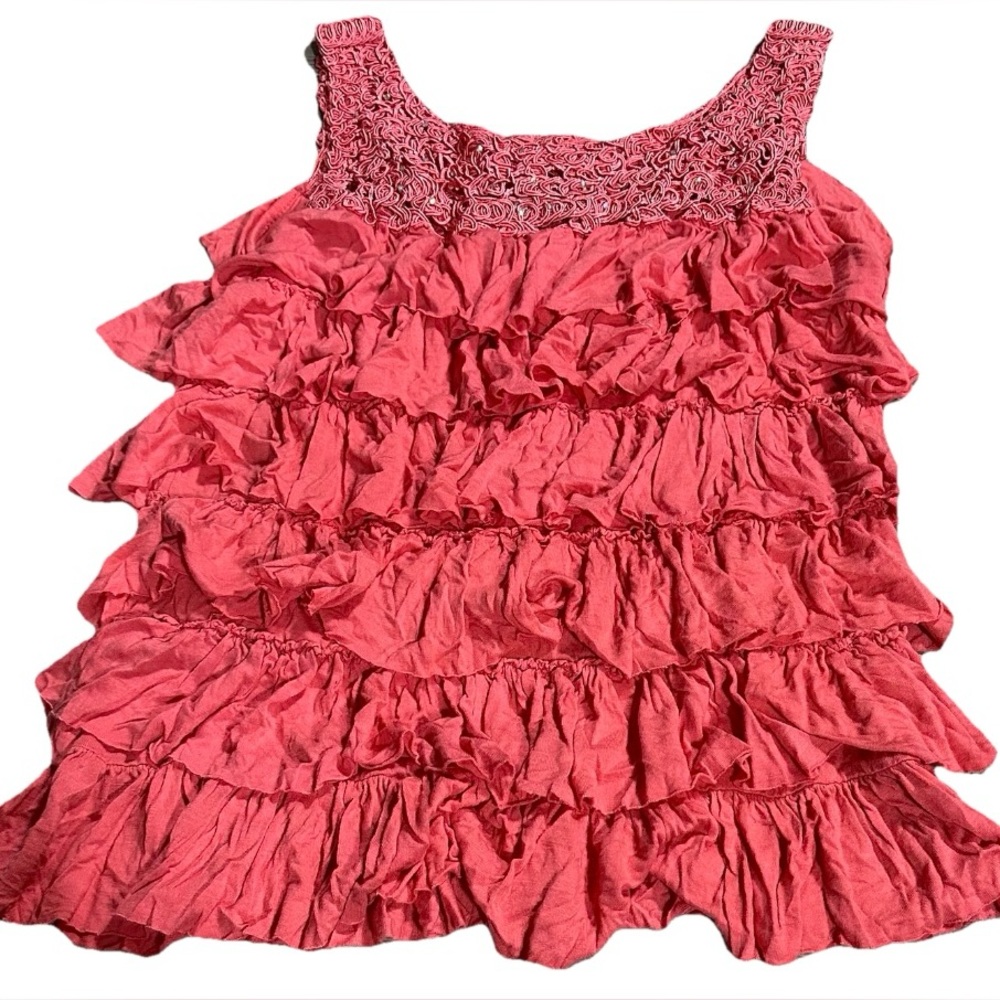 Laseine Blouse Crocheted W/Rhinestones & Layered Ruffles Size M